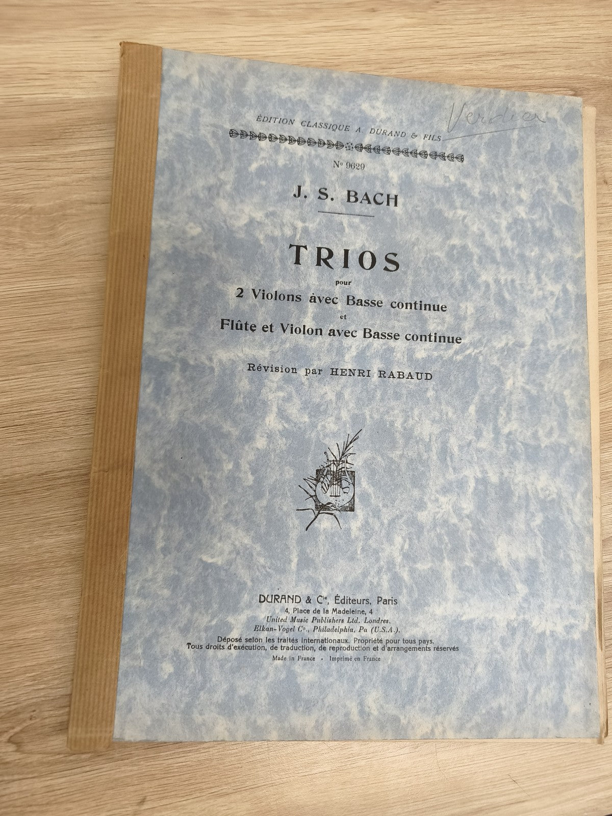 Ancien livre partitions J.S. Bach Trios violon piano Durand édition bleue