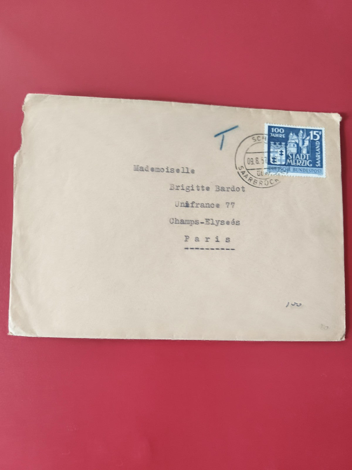 Enveloppe philatélie timbrée Allemagne Saarbrücken, adressée Paris Bardot
