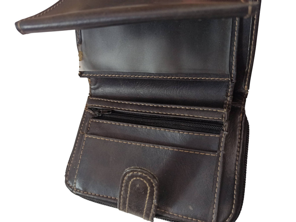 Porte-monnaie ancien vintage rétro marron aspect cuir accessoire zip