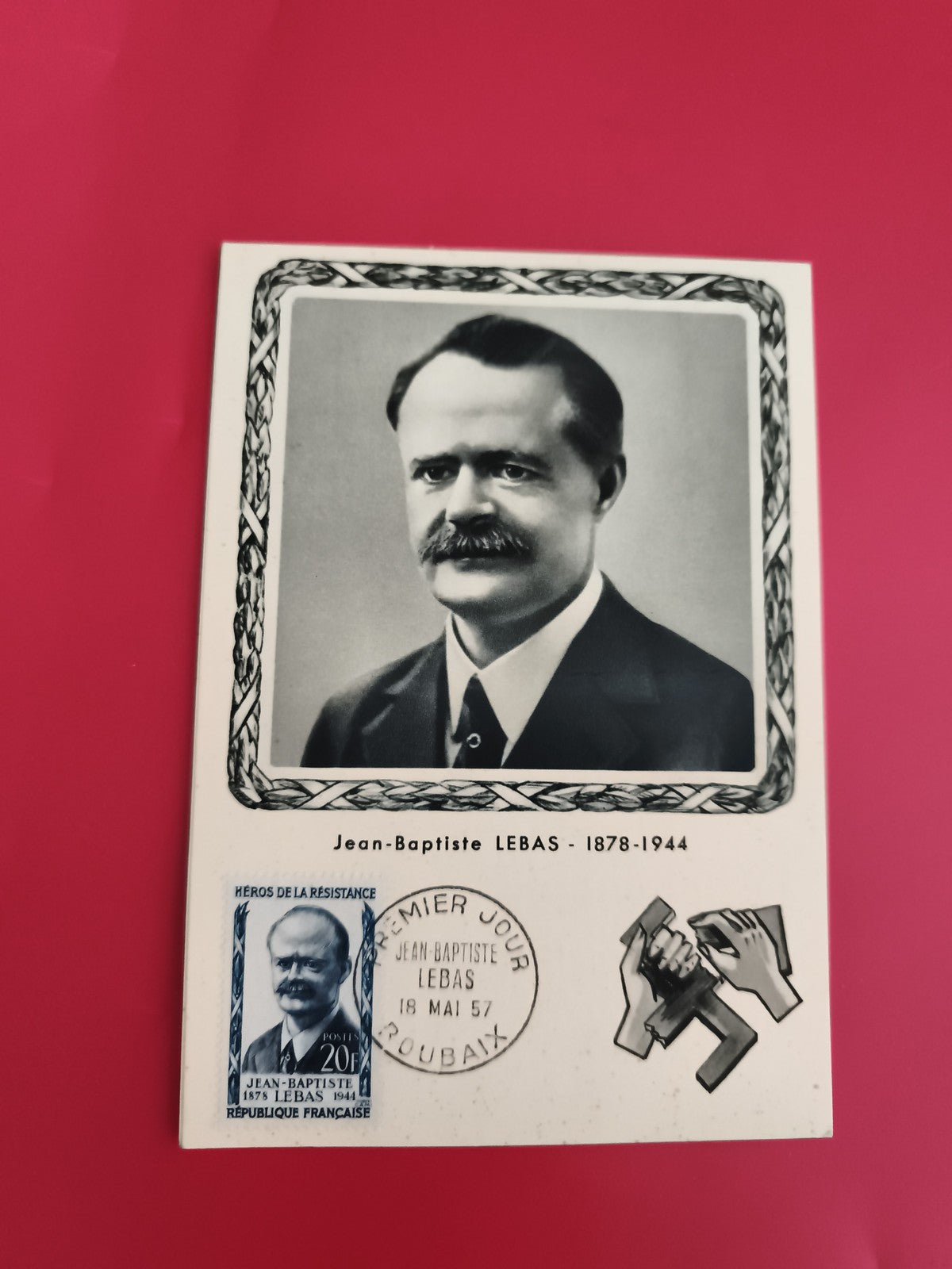 Carte Premier Jour Jean-Baptiste Lebas 1957 Roubaix philatélie héros résistance