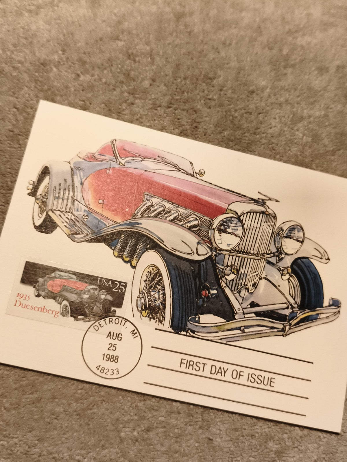 Carte premier jour Duesenberg 1935 USA 25c Detroit 1988 philatélie auto
