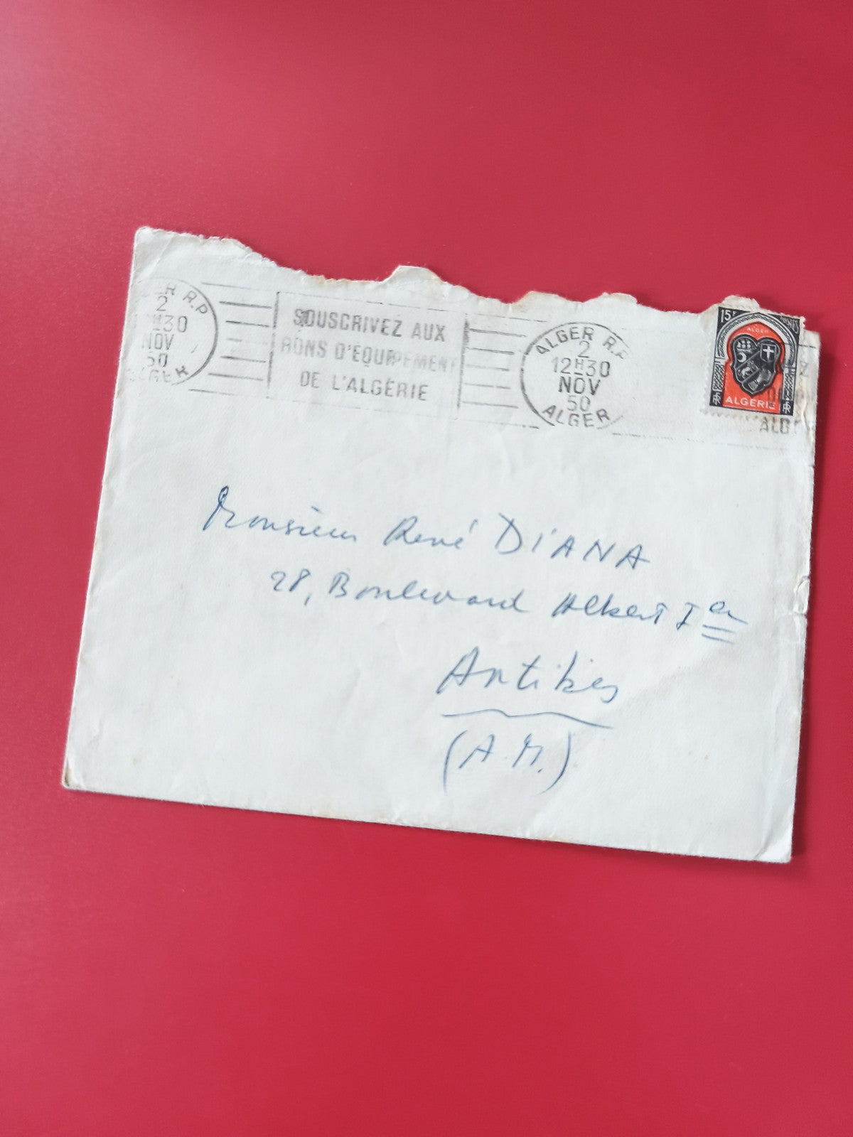 Enveloppe philatélie timbre Algérie oblitérée, cachets visibles, écriture manusc