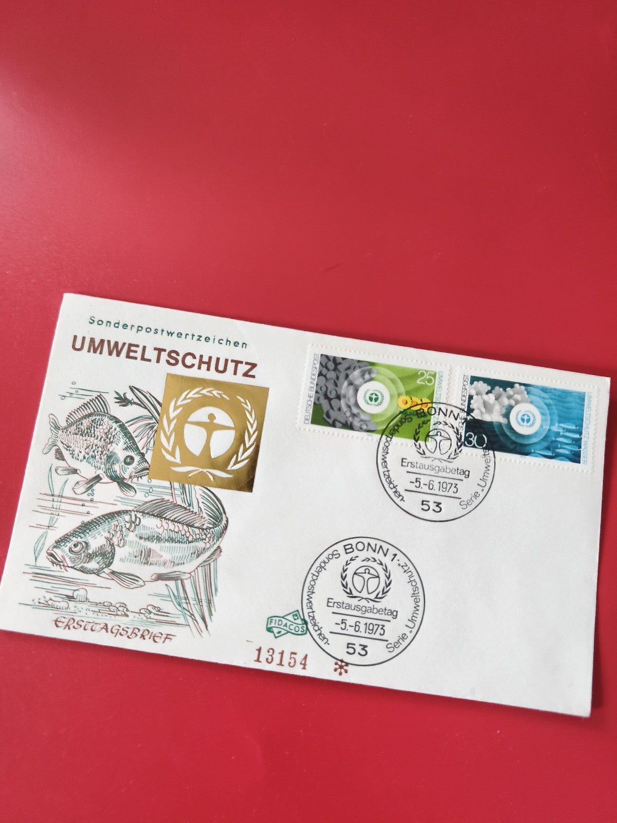 Enveloppe philatélie Allemagne Umweltschutz 1973 timbres oblitérés décor poisson