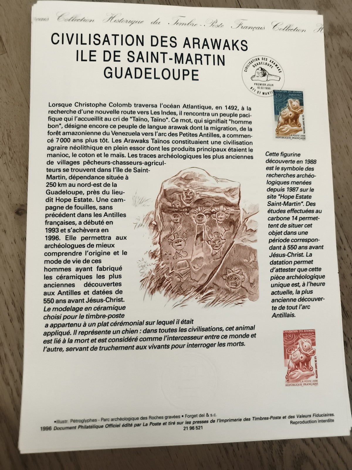 Feuillet philatélique Arawaks Guadeloupe Saint-Martin 1996 timbres Hope Estate
