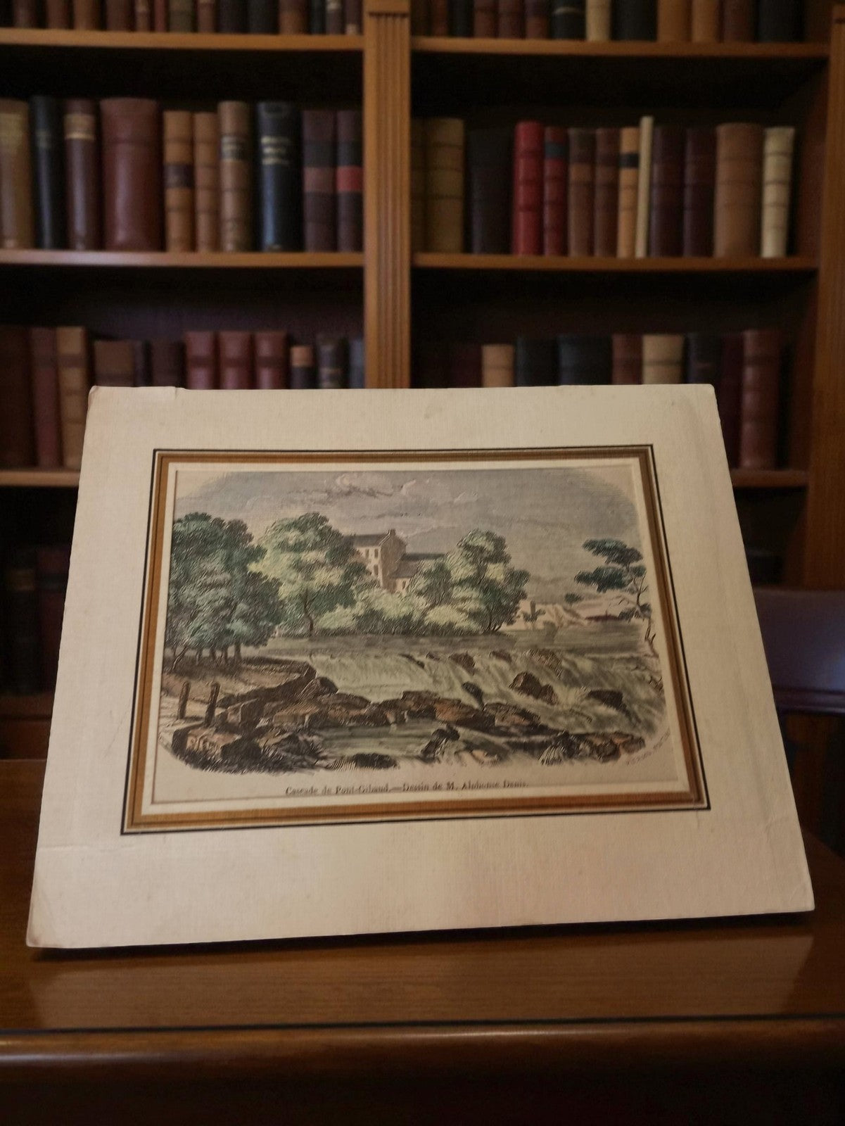 Gravure ancienne Cascades Pont d’Isleland, vintage art mural rétro