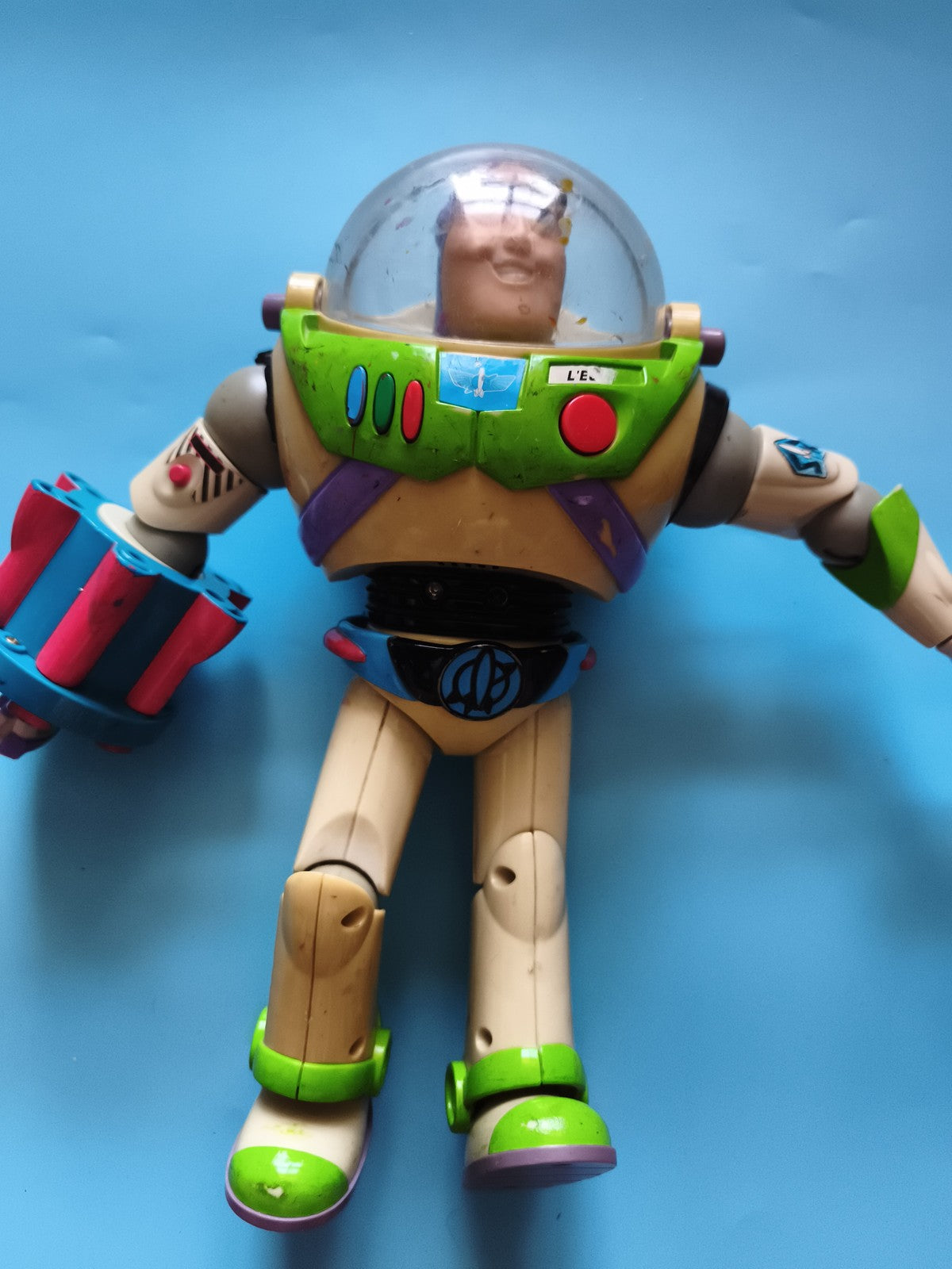 Figurine Buzz l'Éclair vintage Toy Story articulée, casque transparent, jouet an