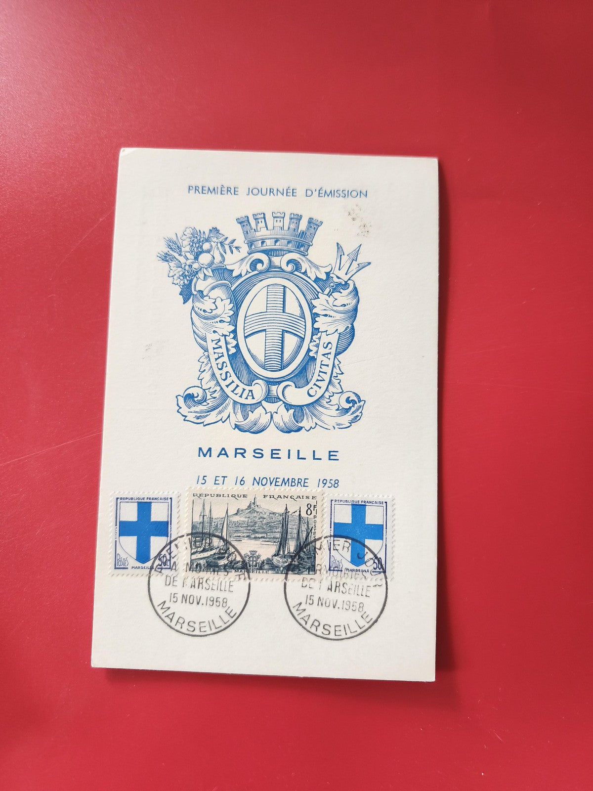 Carte postale philatélie Marseille 1958 timbres croix bleue et cachet premier jo