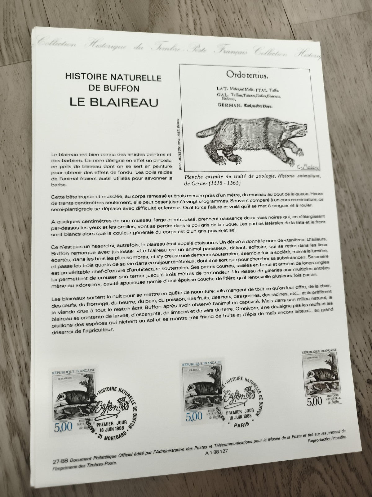 Document philatélique Histoire naturelle Buffon blaireau 1988 timbres France