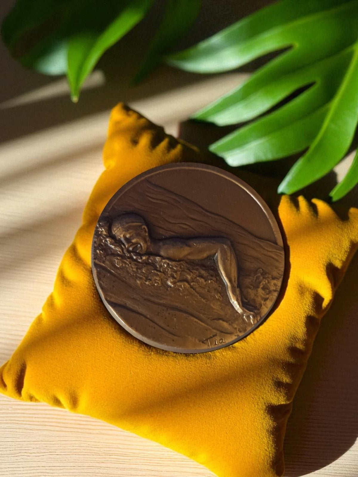 Médaille bronze natation vintage nageur art relief décoration ancienne