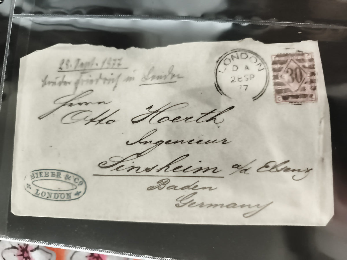Lettre ancienne philatélie 1877 timbre GB obliteration London Sinsheim Allemagne