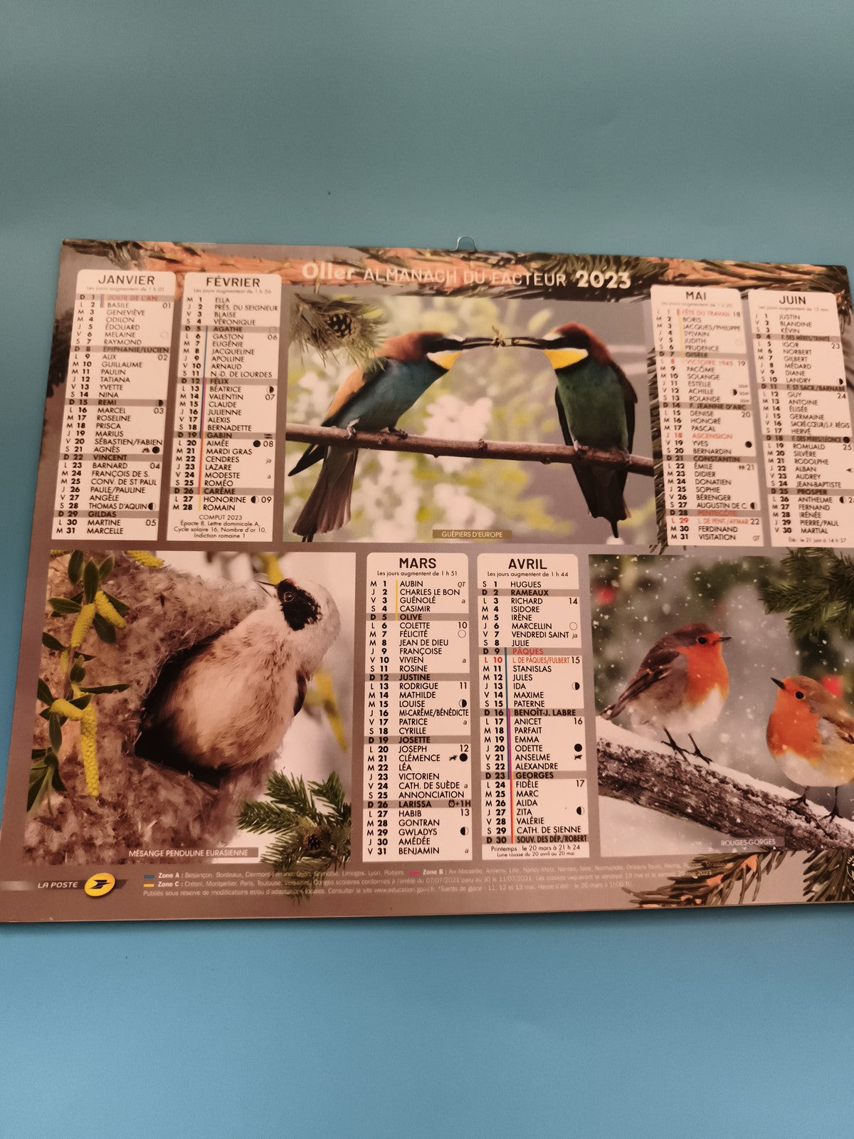 Almanach du facteur Oller 2023 oiseaux calendrier mural