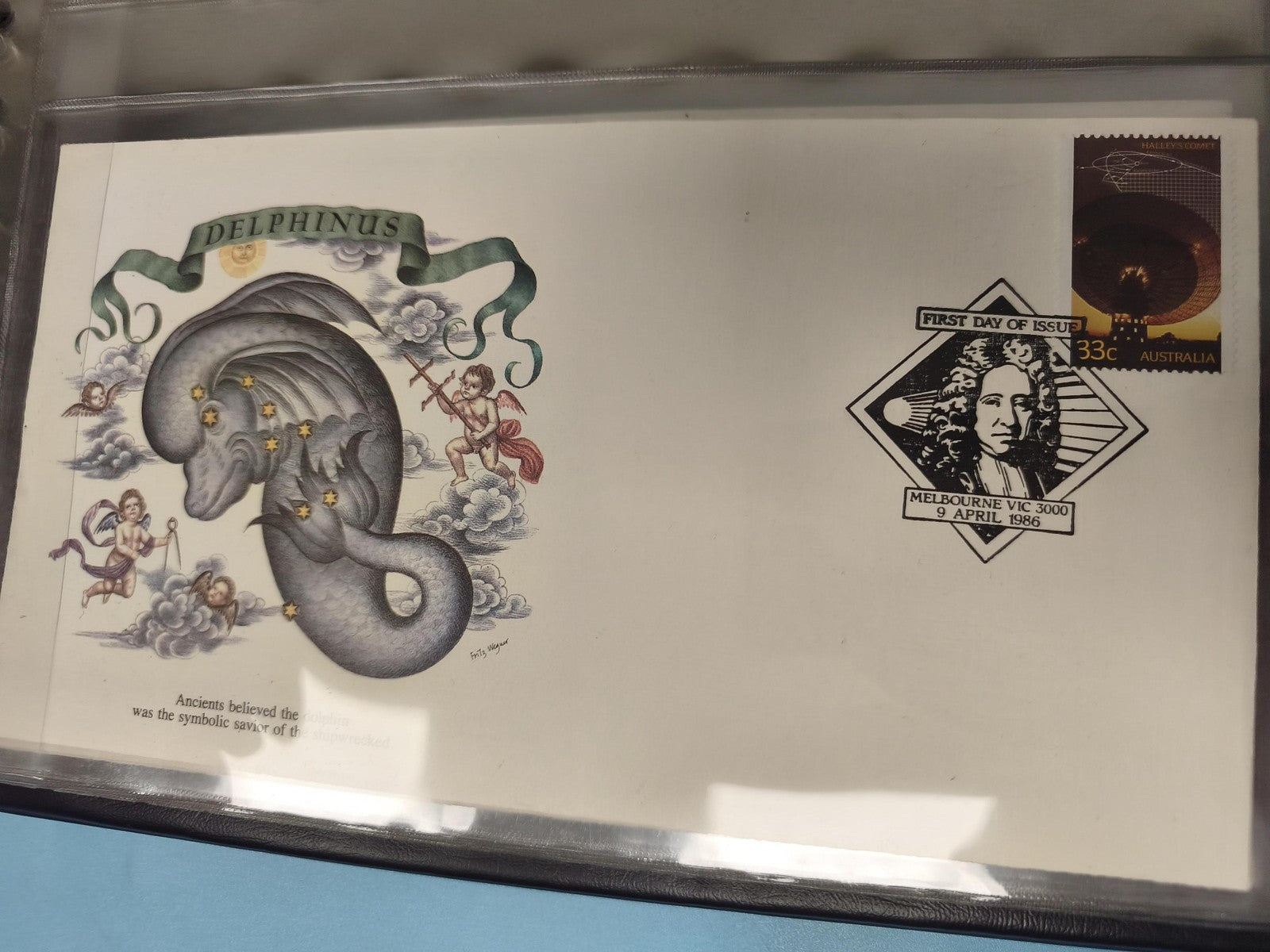 Enveloppe premier jour FDC Australie 1986 Delphinus timbre 33c Halley