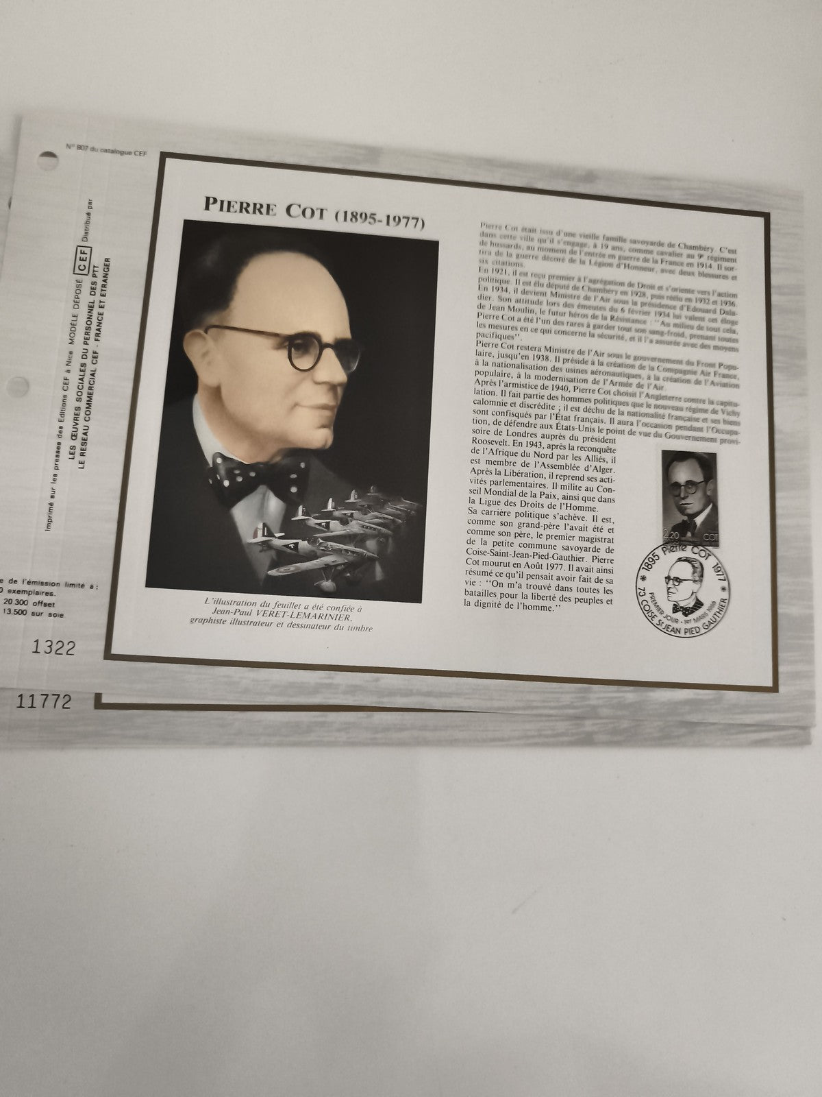 Feuillet CEF Pierre Cot 1895-1977 philatélie illustration aviateur timbre