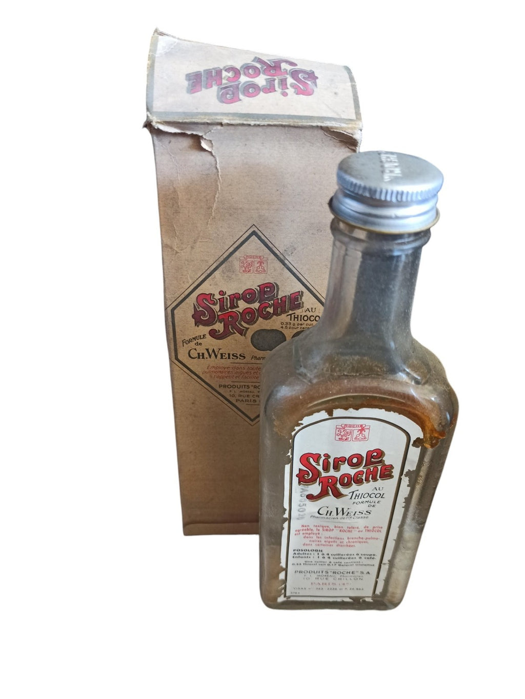 Bouteille ancienne Sirop Roche avec boîte, pharmacie vintage Paris années 40