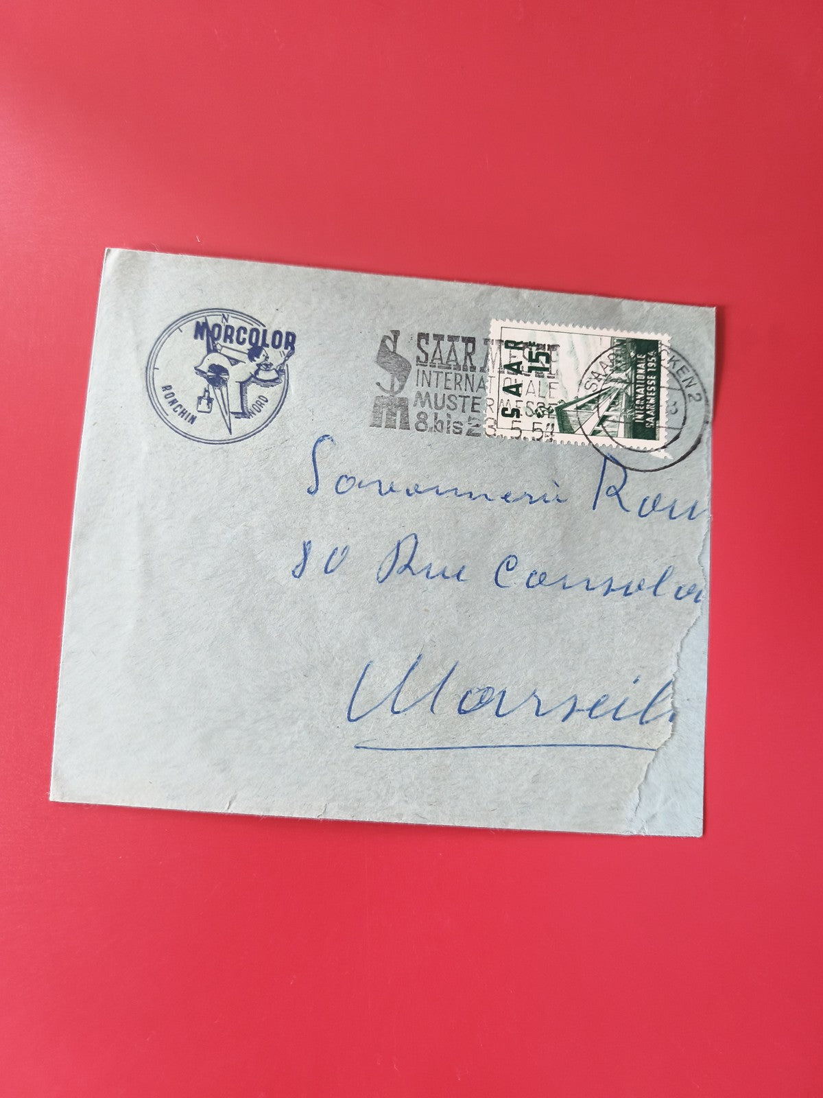 Enveloppe philatélie oblitérée timbre Saarbrücken cachet Morcolor bleu