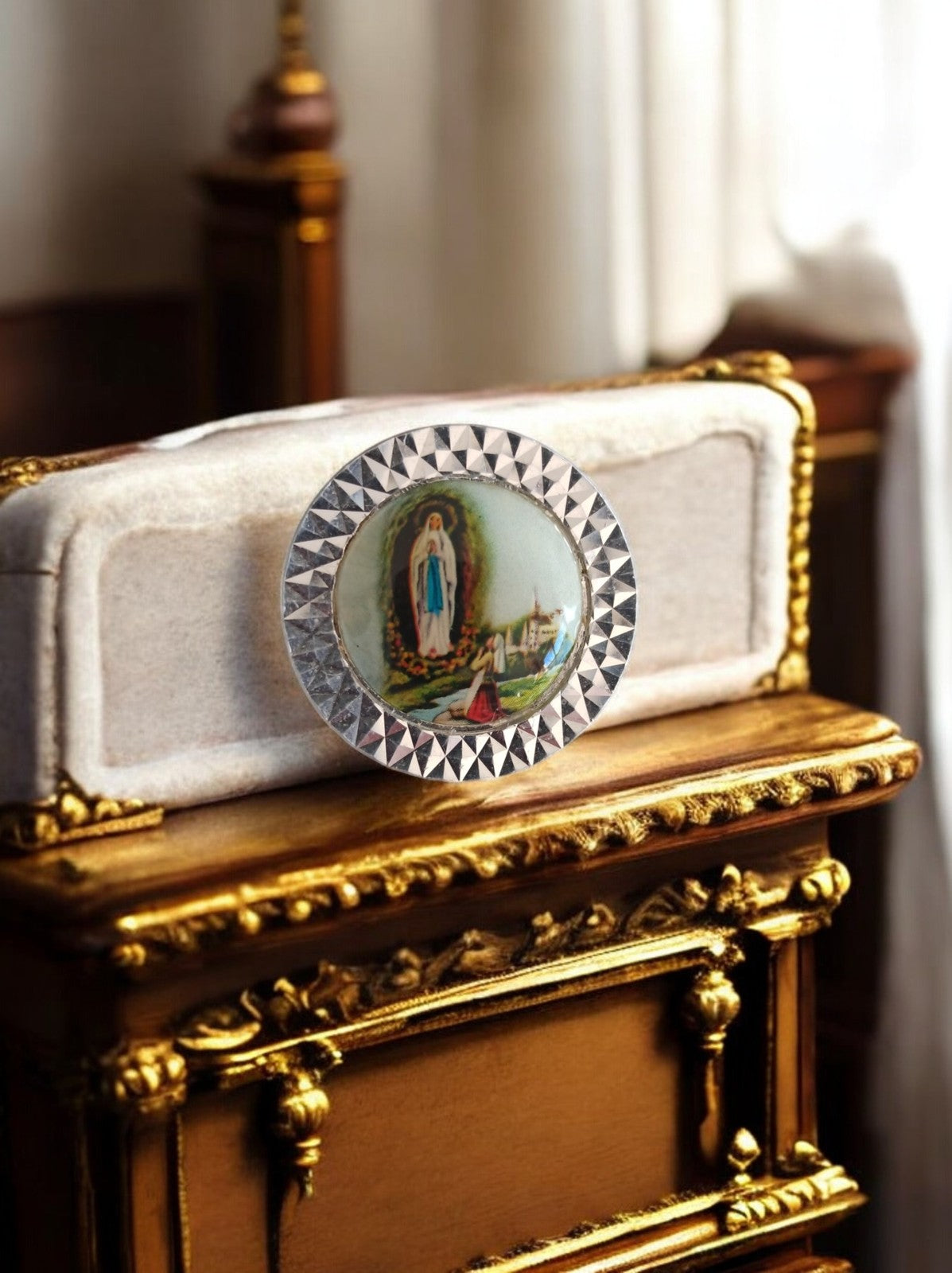 Vintage antique religious brooch Our Lady of Lourdes engraved metal catholic