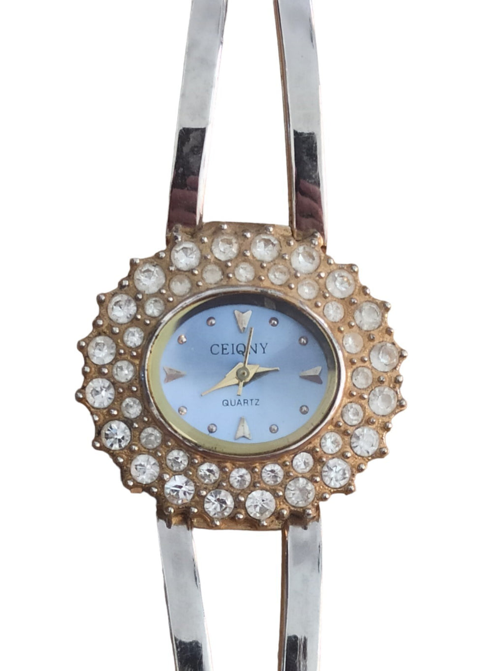 Montre vintage Ceiqny suisse, bracelet rigide doré, cadran strass élégant