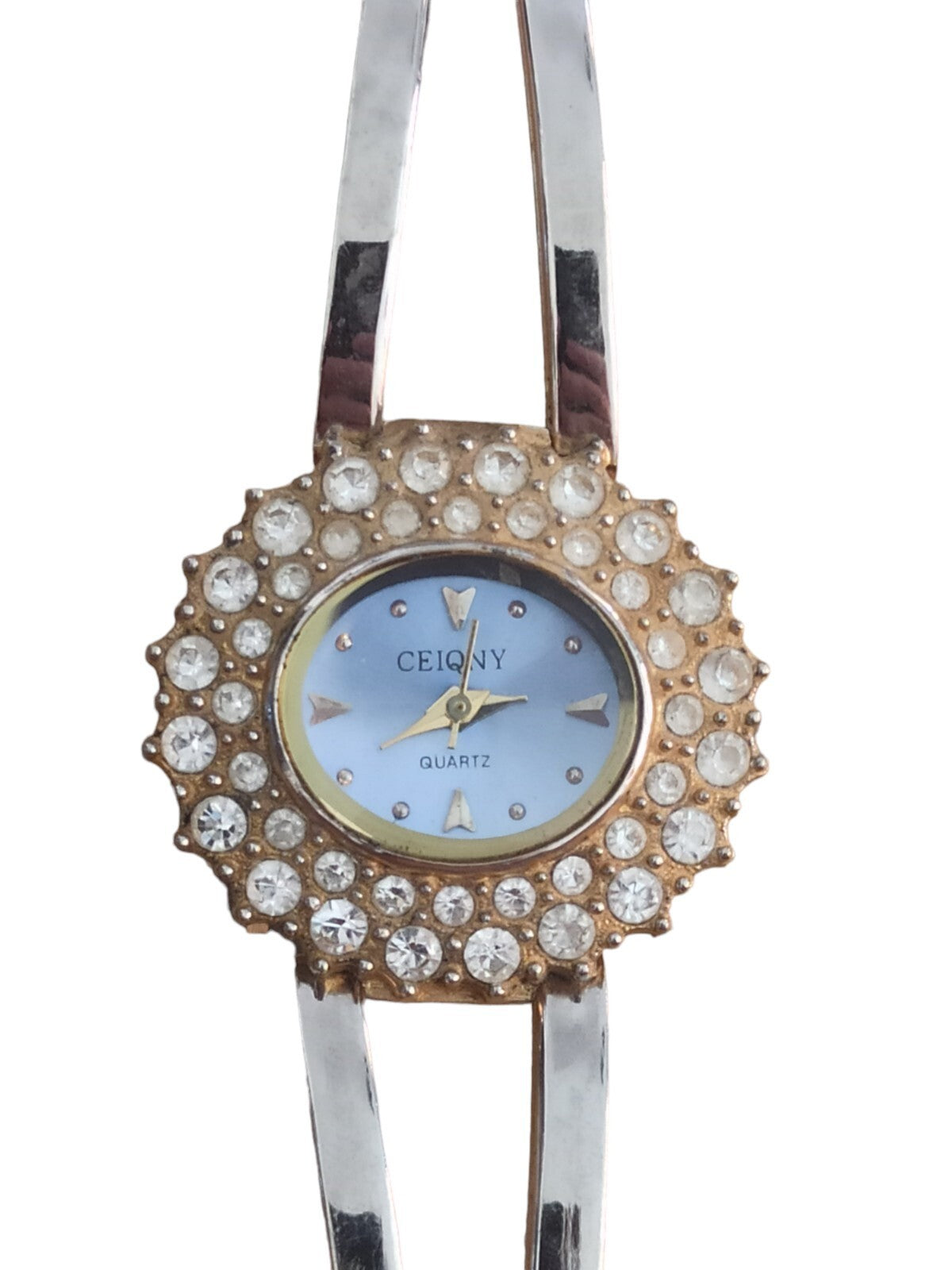 Montre vintage Ceiqny suisse, bracelet rigide doré, cadran strass élégant
