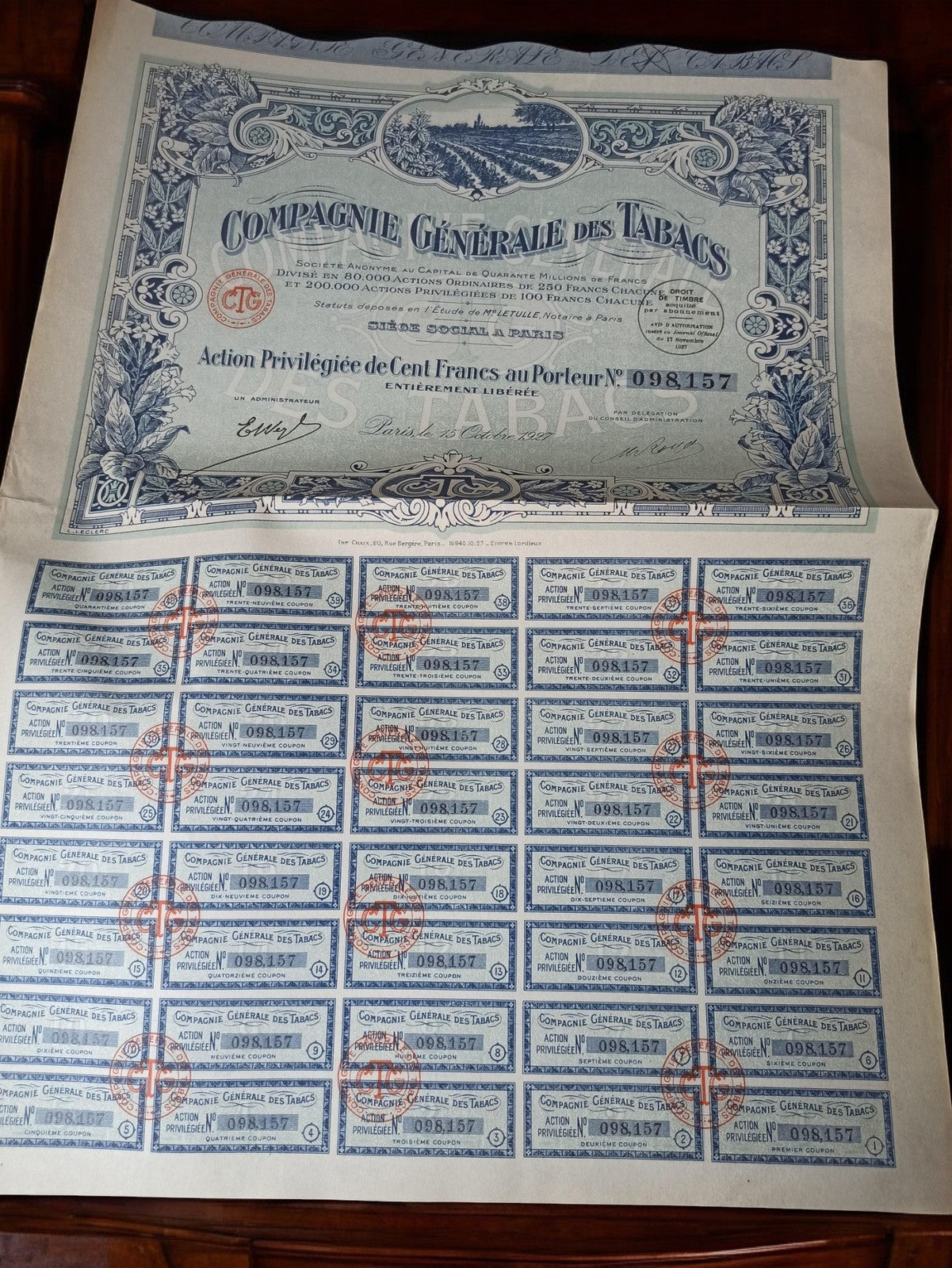Action ancienne Compagnie Générale des Tabacs Paris années 1920 document financi