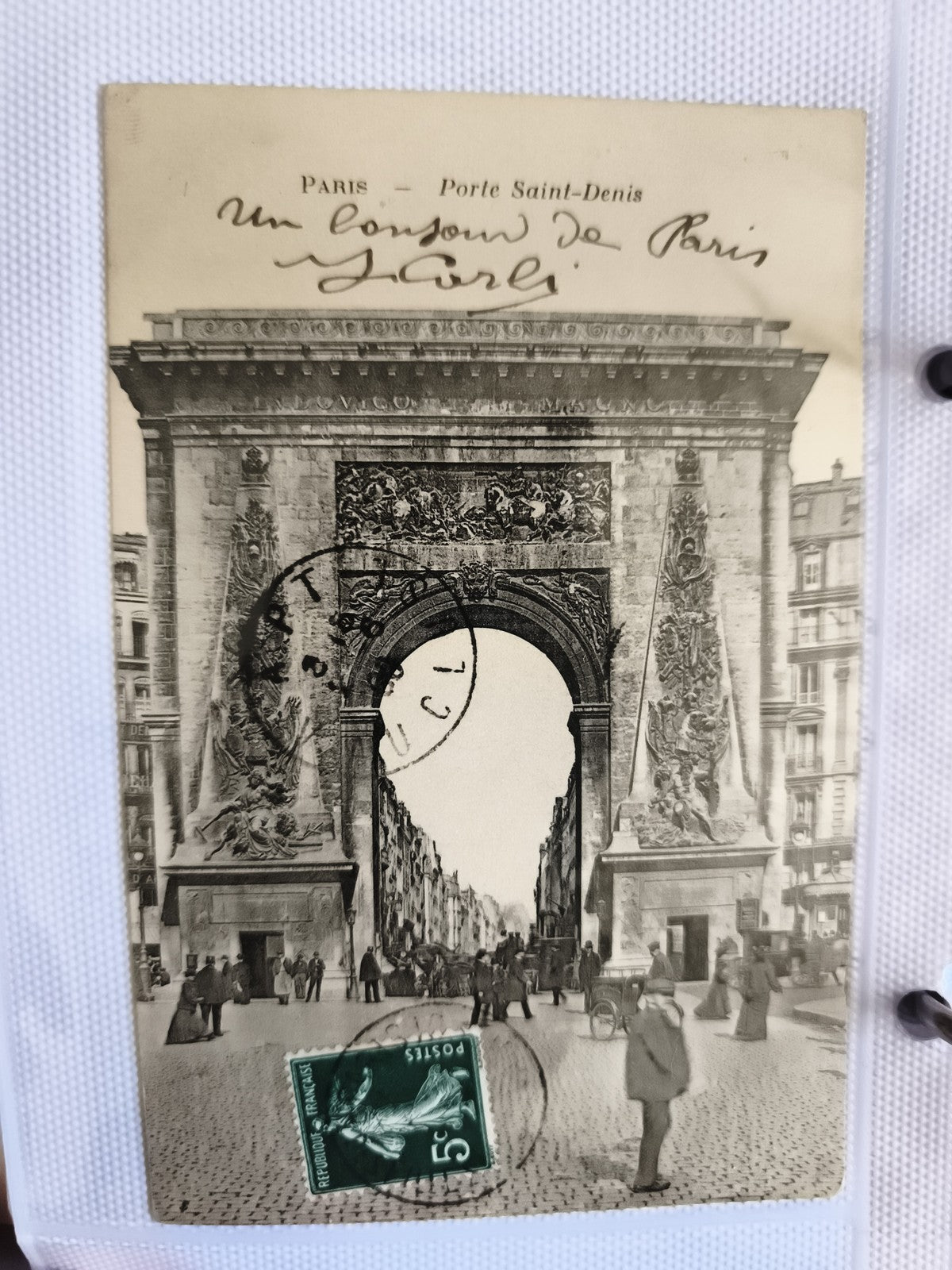 Carte postale CPA Paris Porte Saint-Denis timbre 5c animation