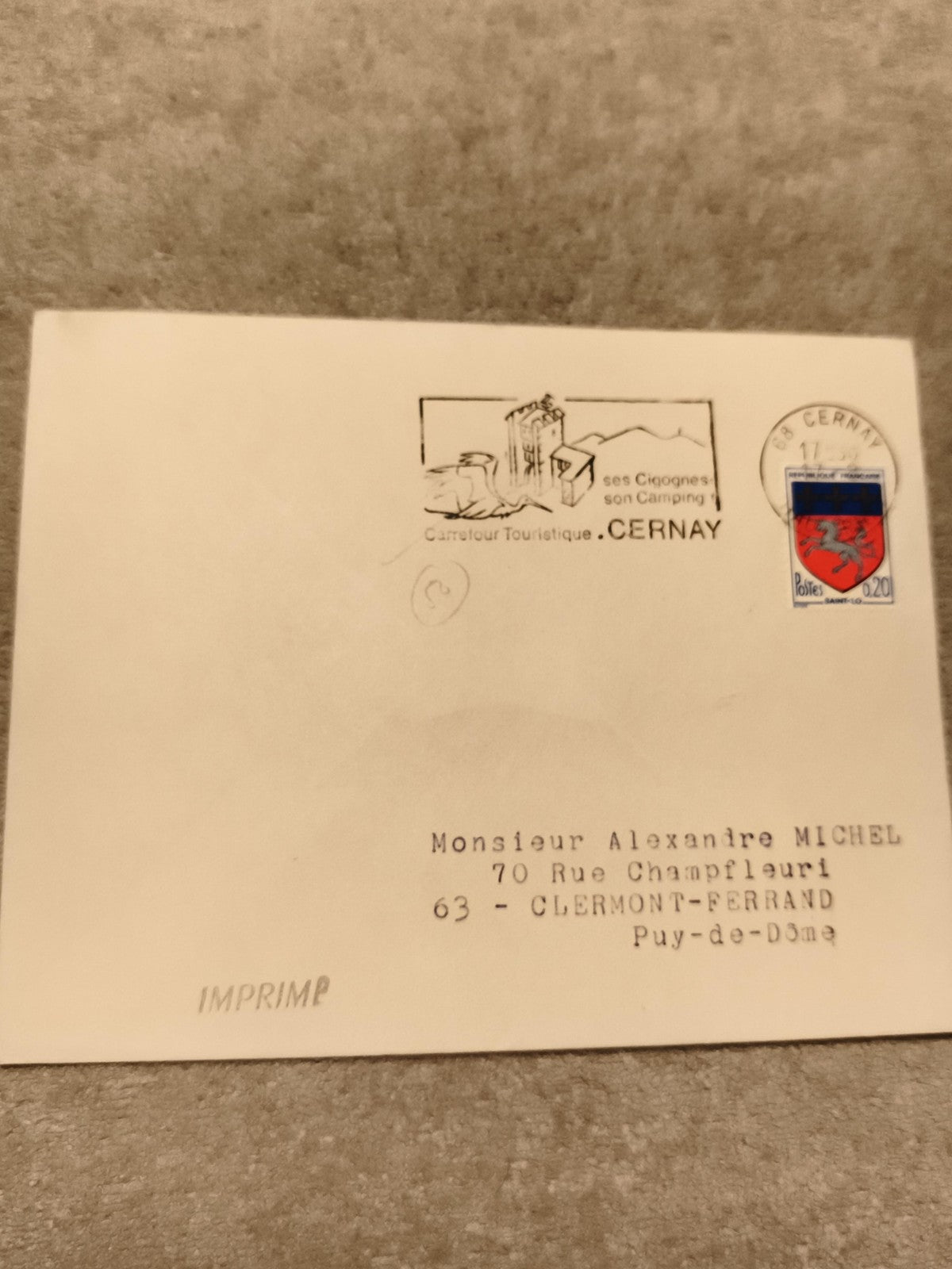 Lettre affranchie Cernay oblitération 1973 cachet touristique cigognes philatéli