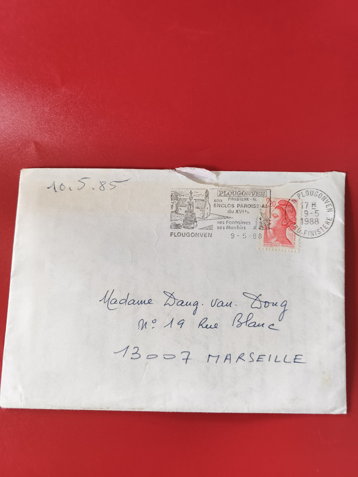 Enveloppe philatélie oblitérée 1988 timbre Marianne rouge adresse manuscrite
