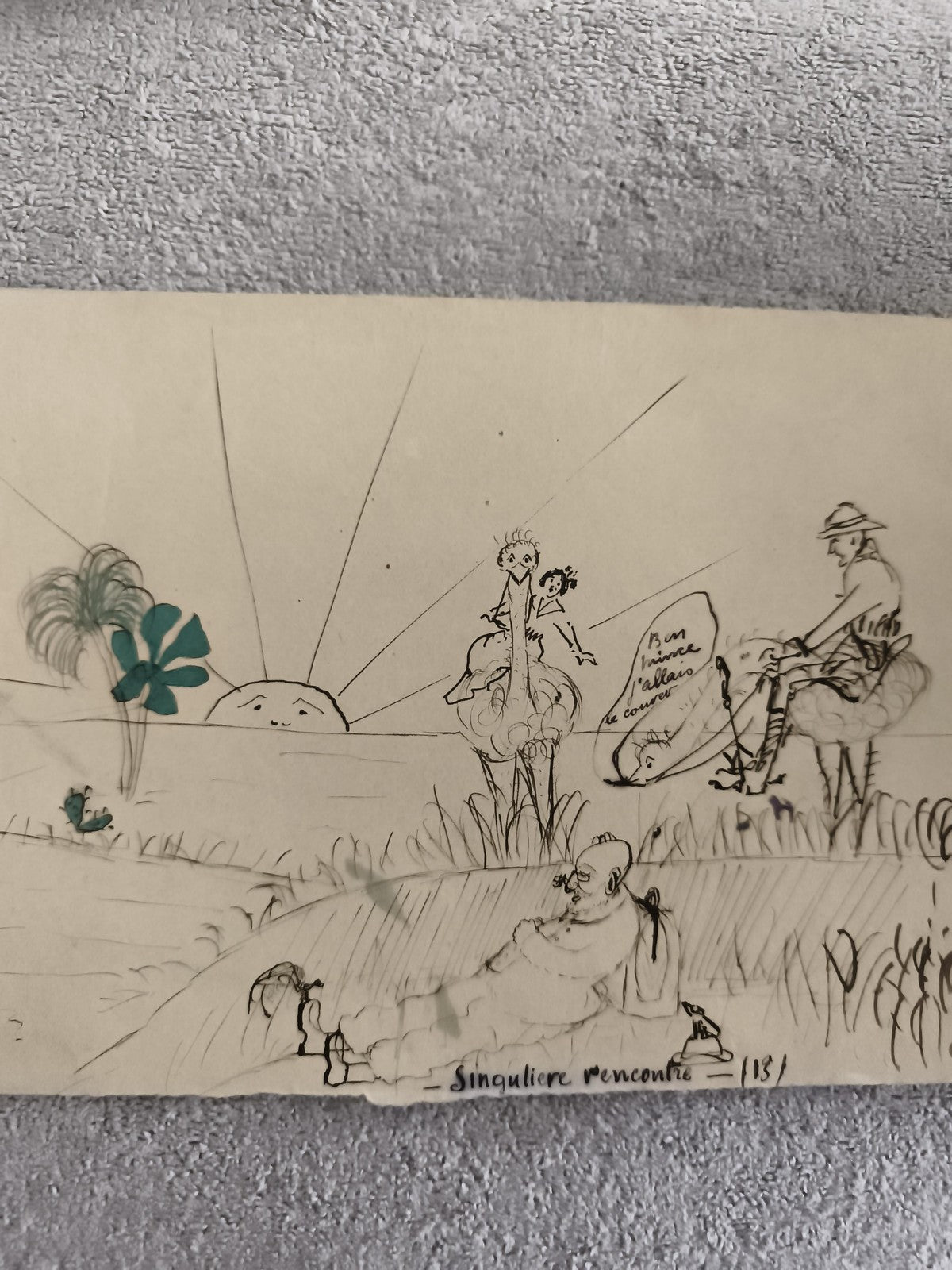CPA dessin humoristique Singulière rencontre soleil encre plume
