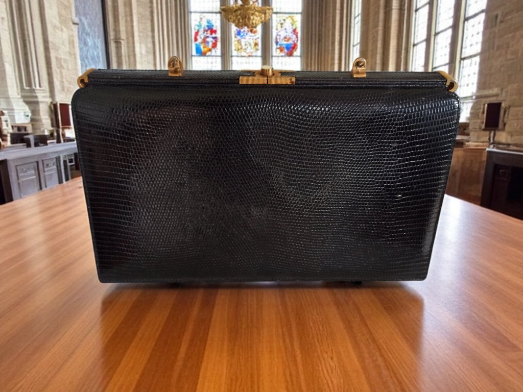Sac à main vintage cuir lézard noir, cadre métal doré, ancien doctor bag
