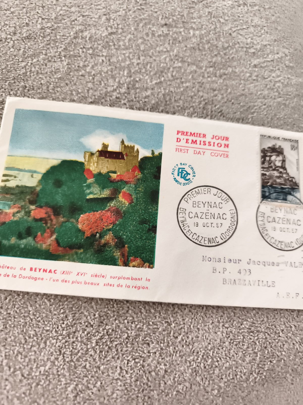Lettre FDC Premier Jour Château de Beynac 1957 philatélie Dordogne ancien