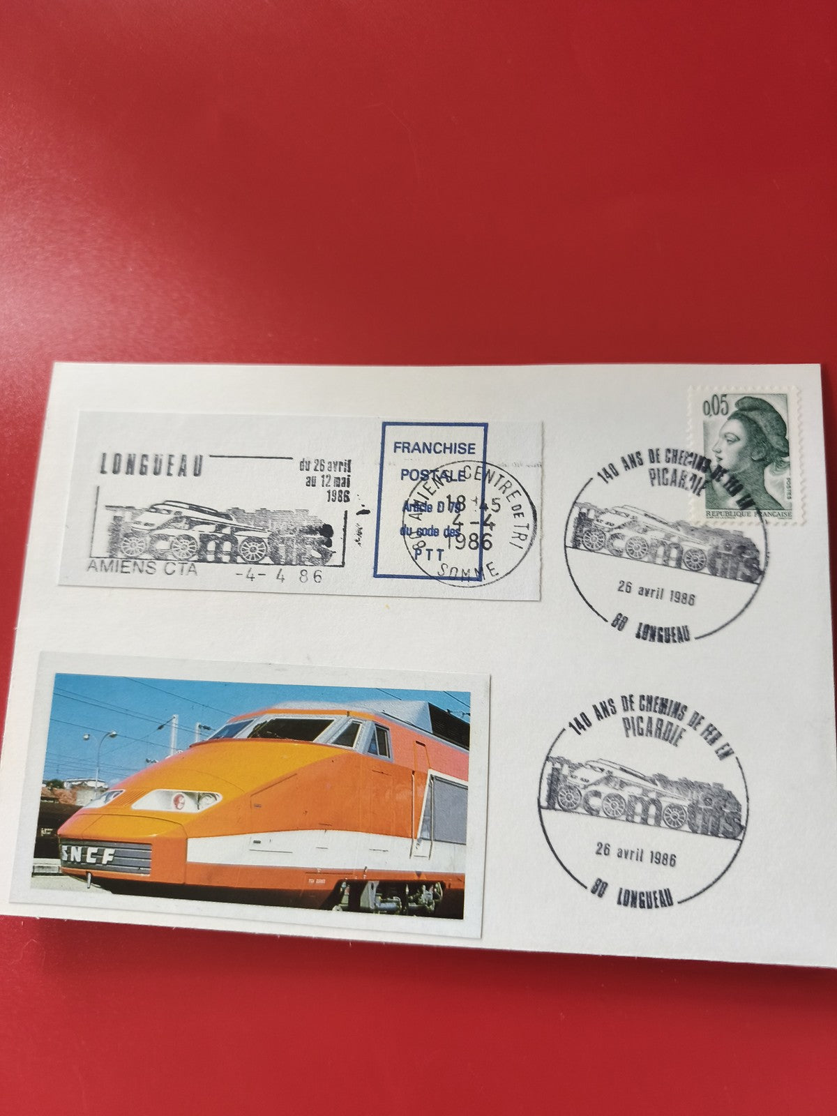 Carte postale philatélie TGV SNCF Longueau Picardie timbres oblitérés train