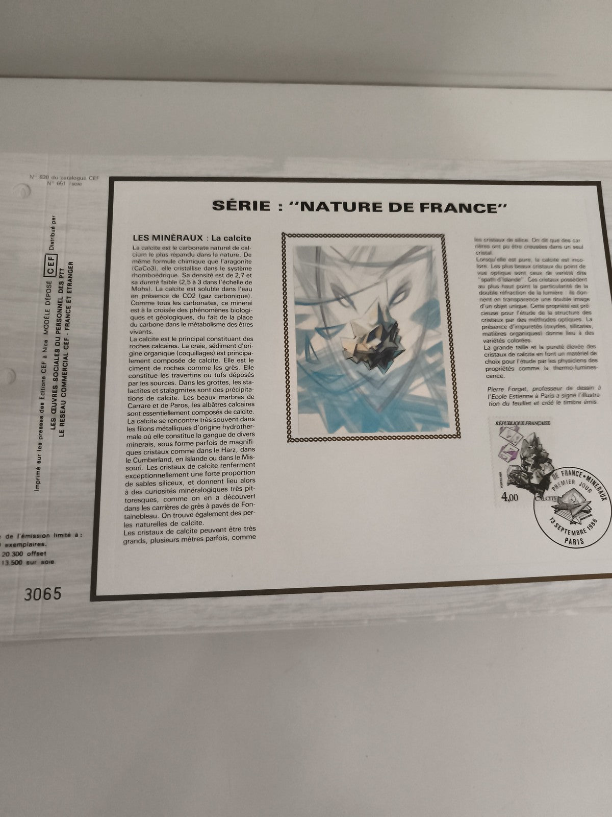 Feuillet CEF Nature de France calcite minéraux timbre 4,00 F oblitéré philatélie