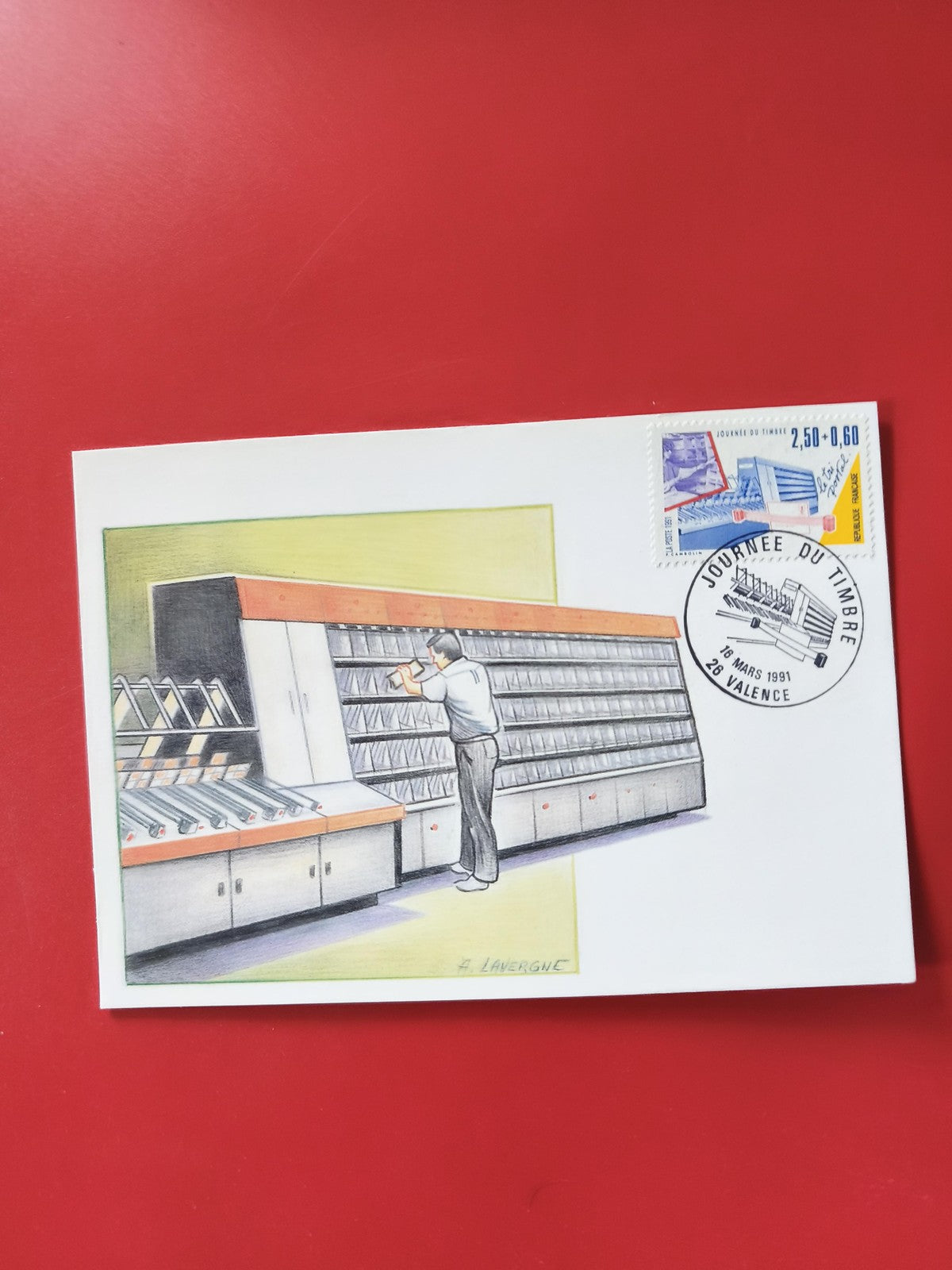 Carte postale philatélie oblitérée Journée du Timbre 1991 illustration tri posta