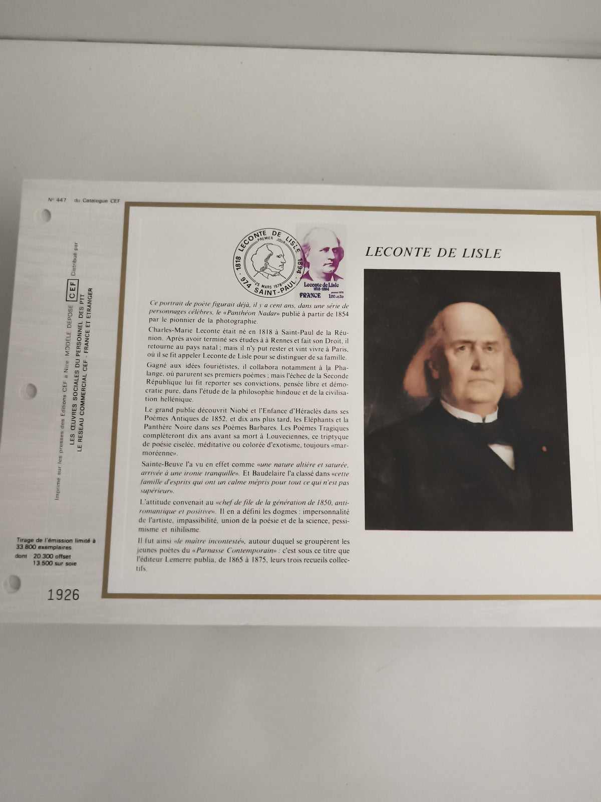 Feuillet philatélique CEF Leconte de Lisle 1926 portrait timbre oblitéré