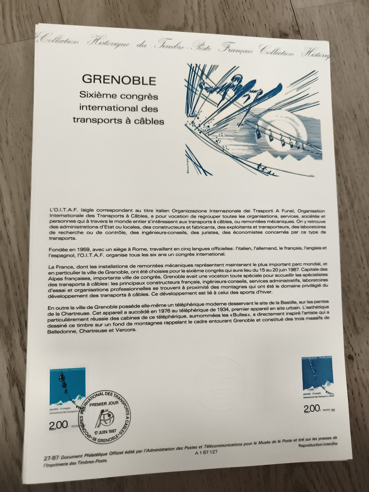 Carte philatélique Grenoble 1987 congrès transports à câbles timbres France