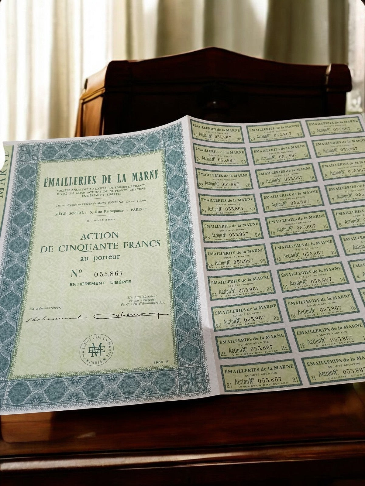 Action au porteur Émailleries de la Marne 50 francs vintage ancien titre 1969