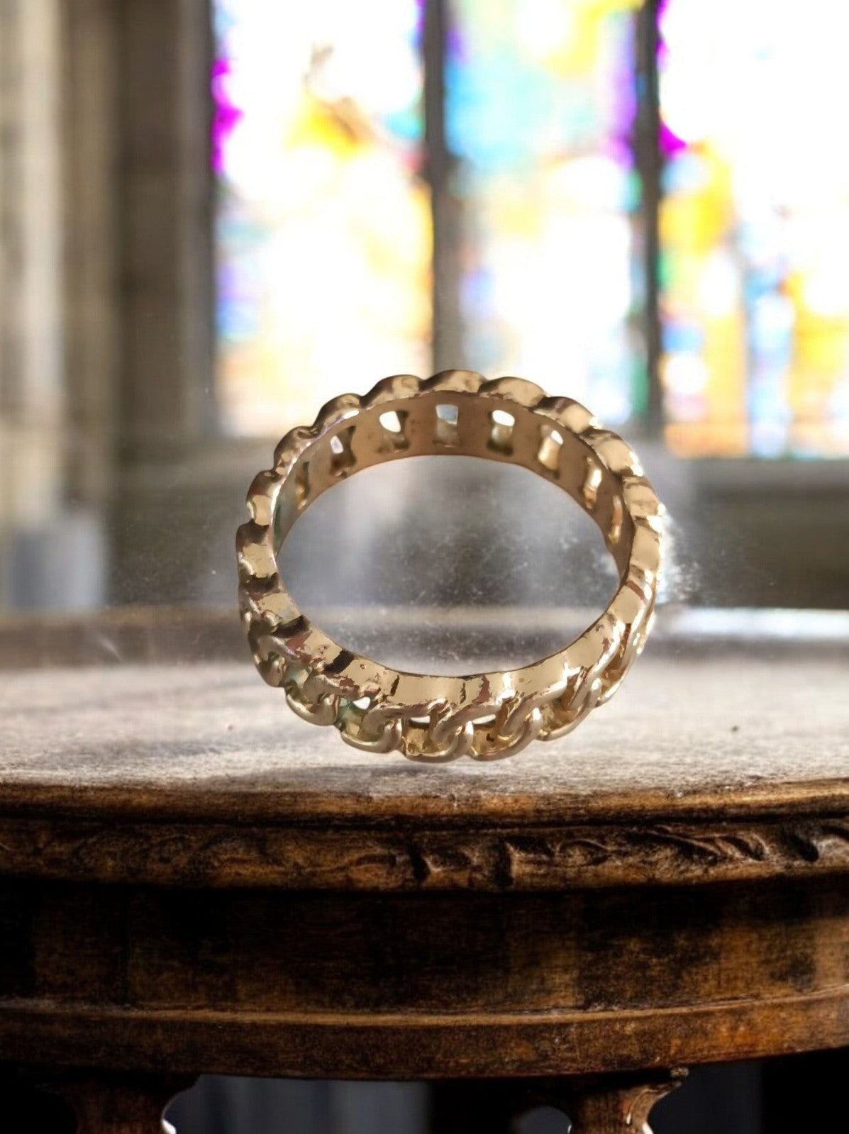 Bague vintage fantaisie chaîne dorée, création unique, taille 59, anneau rétro
