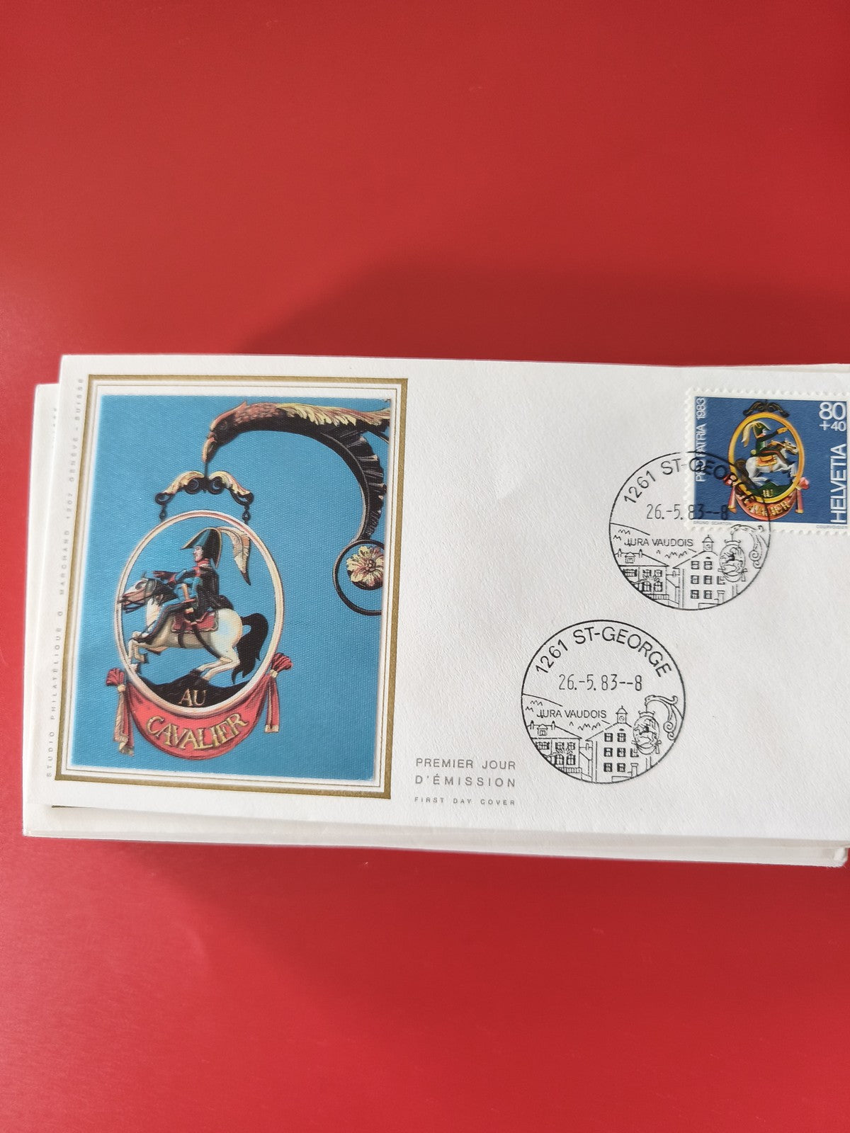 Enveloppe philatélie Premier Jour St-Georges 1983 timbre Helvetia chevalier