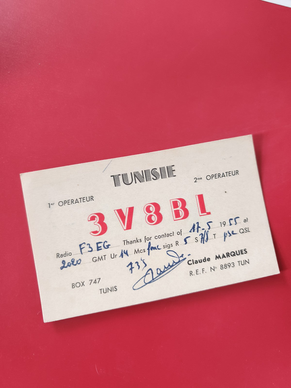 Carte radio QSL 3V8BL Tunisie opérateur Claude Marques signée