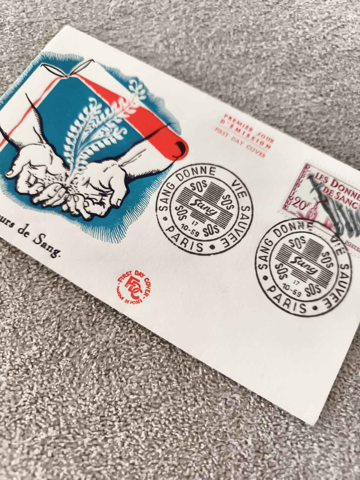 Enveloppe 1er jour Paris 1959 donneurs de sang, FDC philatélie ancienne