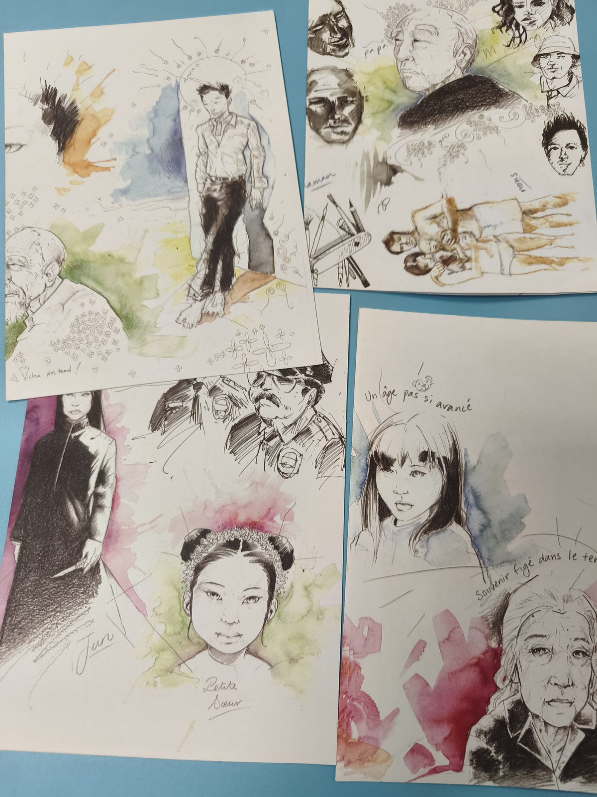 Lot de dessins d?artiste, portraits et scènes variées, impressions couleur (Ref