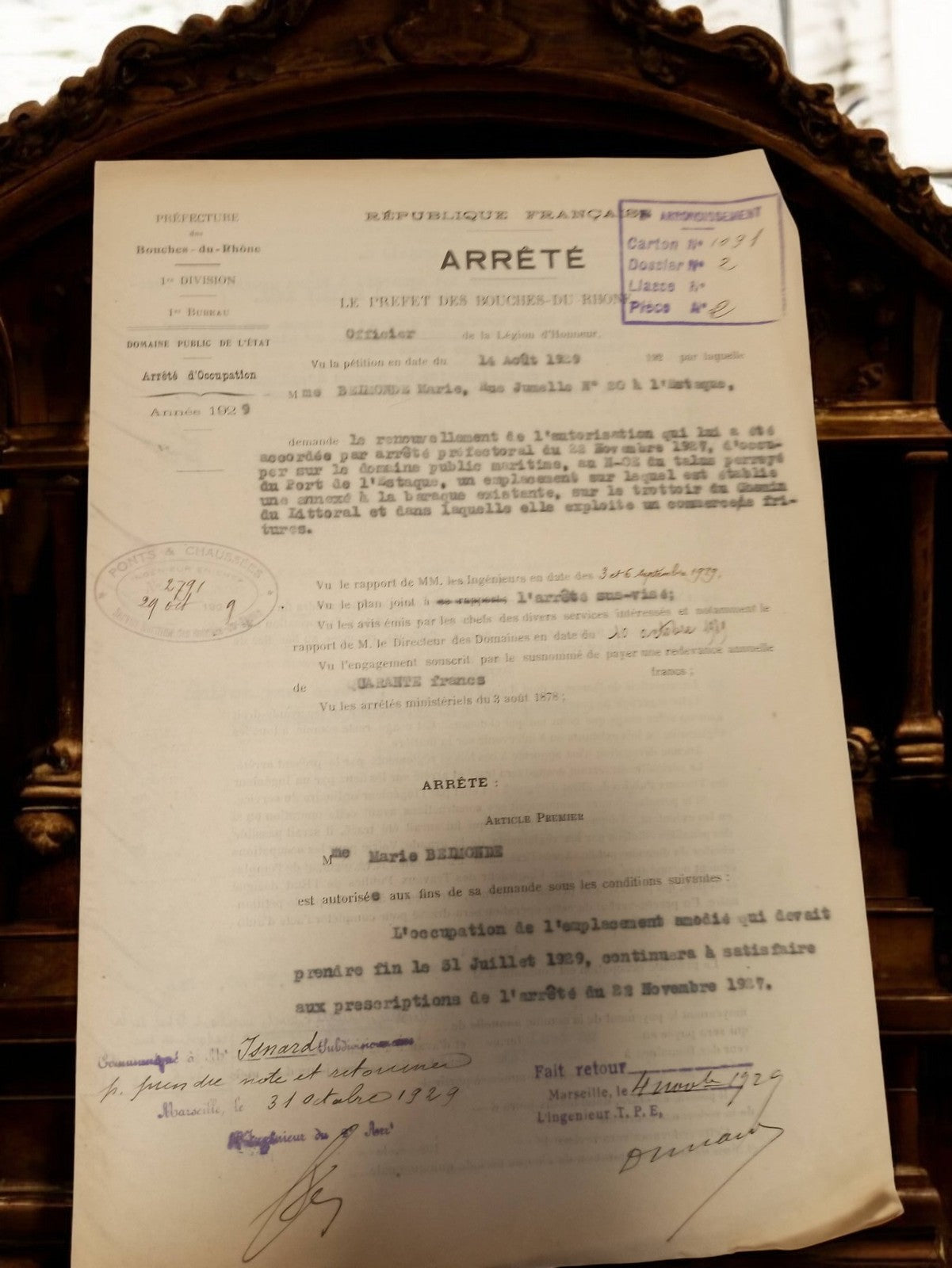 Document administratif ancien Marseille arrêté préfet 1929 Bouches-du-Rhône