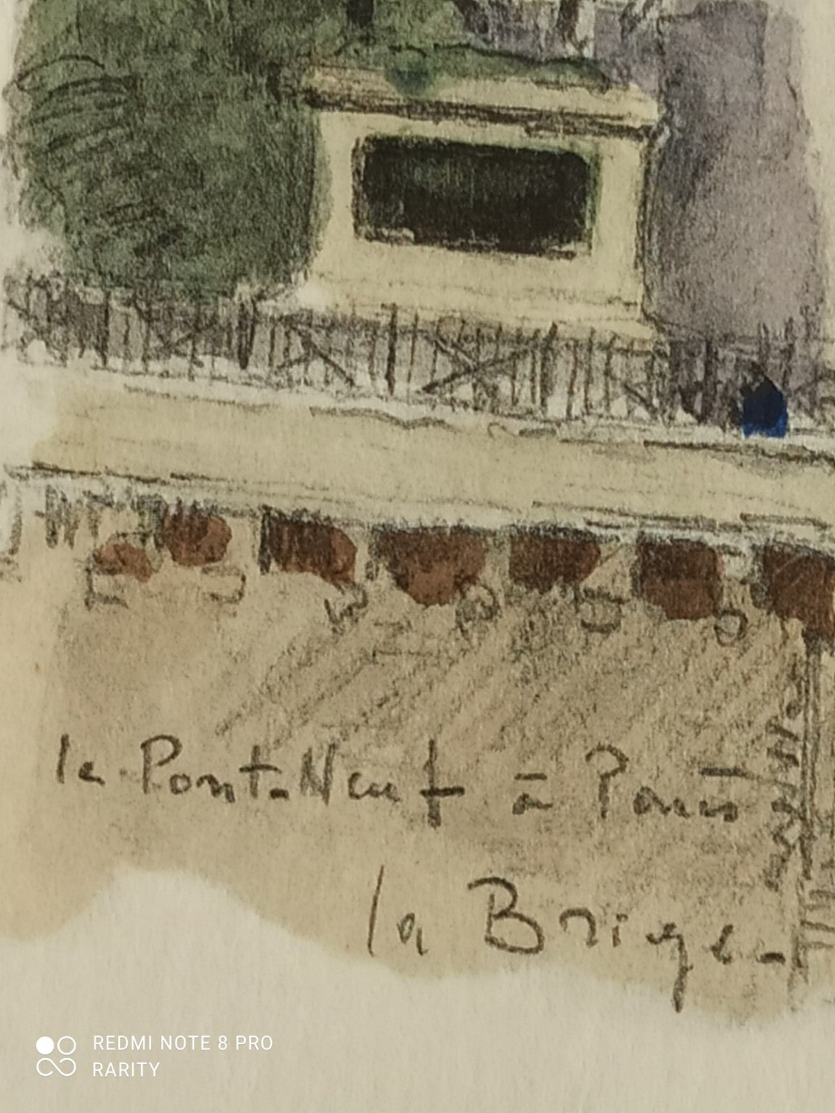 Dessin ancien Pont Neuf Paris aquarelle, vue monument, signé La Baïque vintage