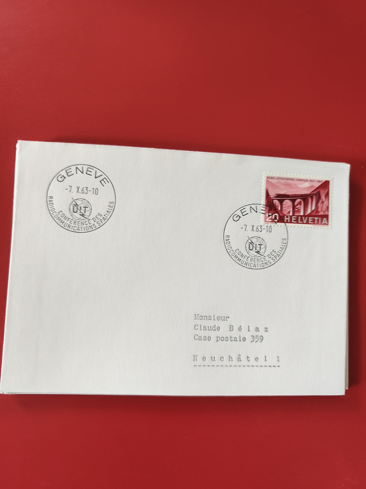 Enveloppe philatélie Suisse Genève 1963 timbre Helvetia rouge cachet officiel