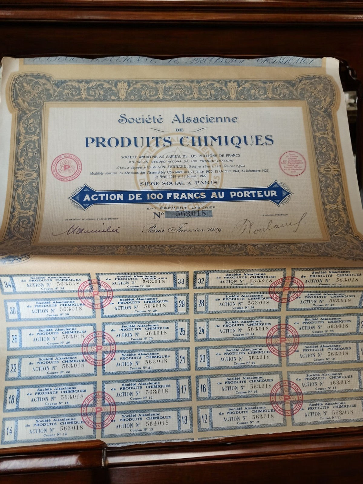 Action au porteur Société Alsacienne Produits Chimiques 1929 vintage bleu rétro
