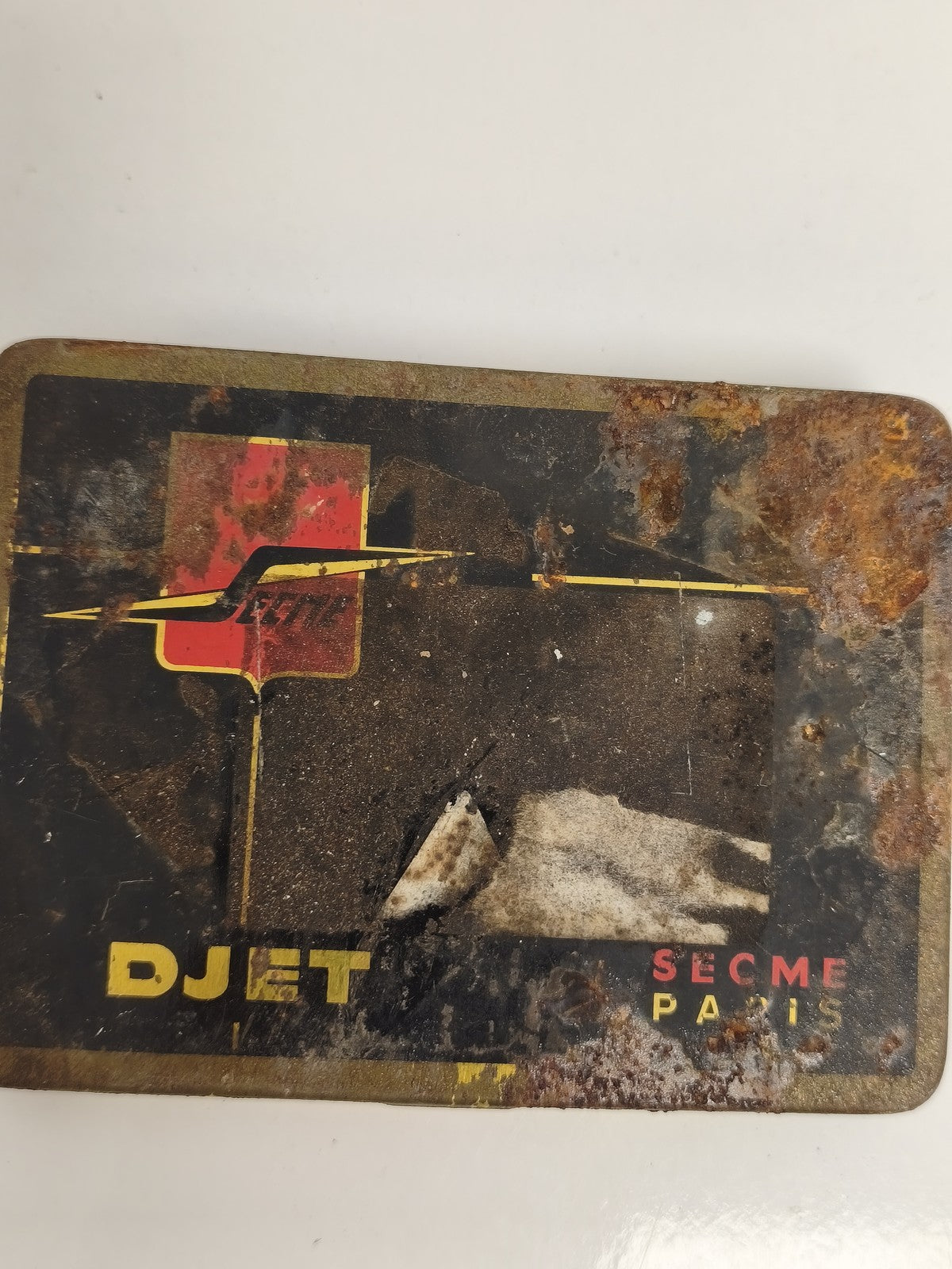 Boîte publicitaire ancienne DJET SECME Paris métal déco vintage rouille