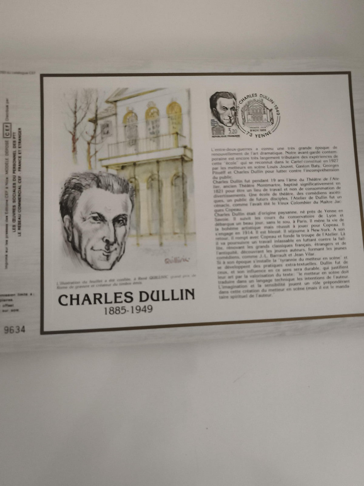 Feuillet philatélique CEF Charles Dullin 1885-1949 illustration Guilloux