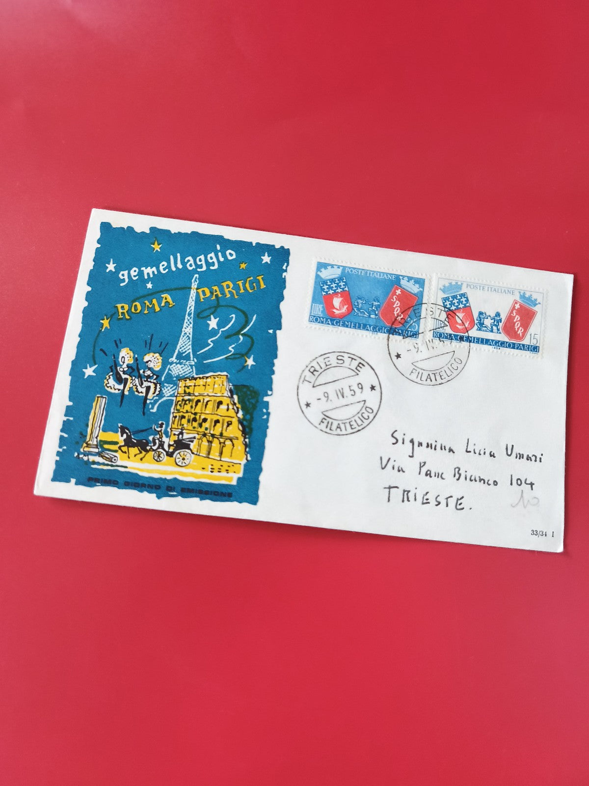 Enveloppe philatélie illustrée Roma Parigi avec timbres et cachets Trieste