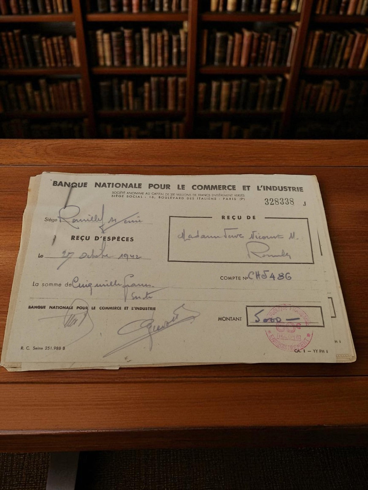 Lot reçus d'espèces Banque Nationale Commerce Industrie 1942 WWII vintage