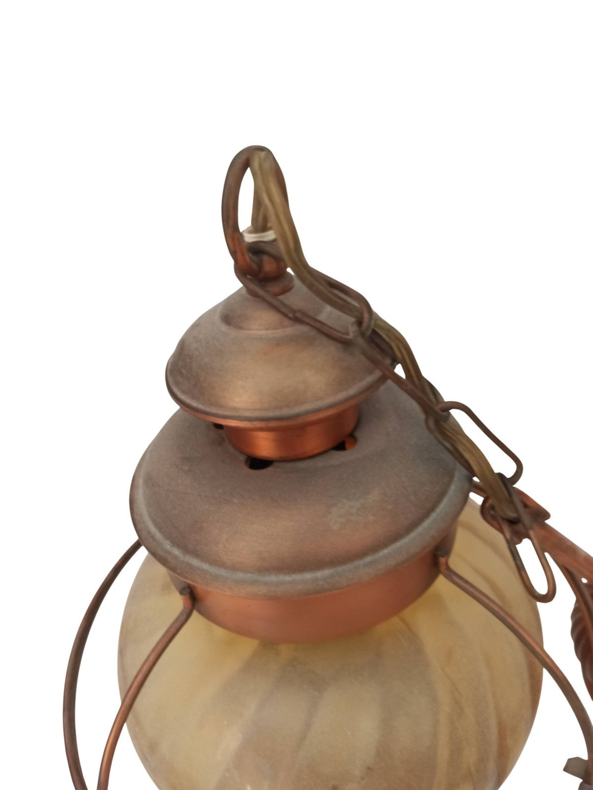 Suspension vintage globe verre dépoli cuivre, luminaire rétro ancien déco