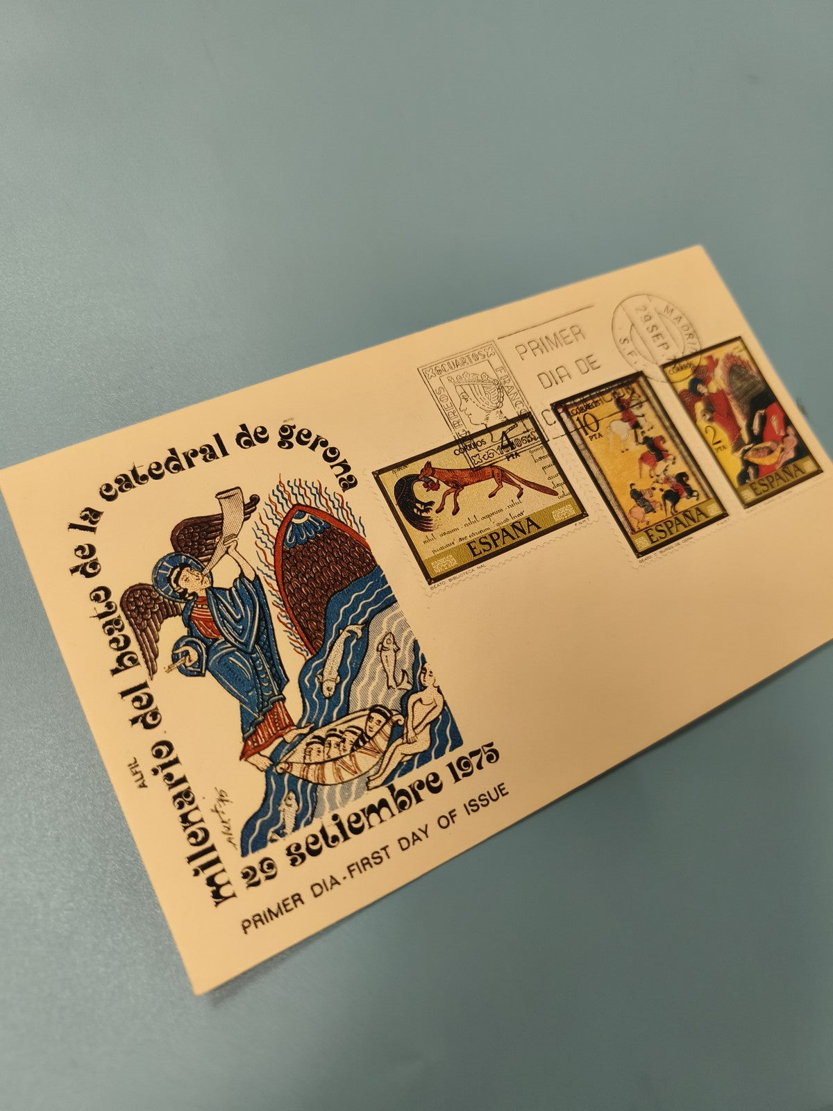 Enveloppe FDC Espagne 1975 timbres illustrés Gerone premier jour d?émission